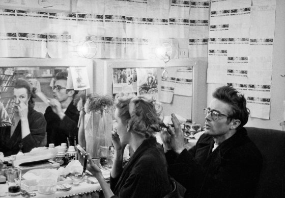 James Dean with the great Geraldine Page in her dressing room, New York City, 1955.