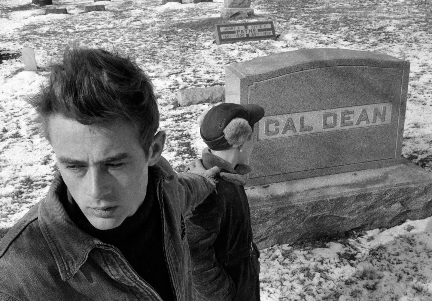 James Dean in the Fairmount, Indiana, cemetery in 1955, where he found the grave of one of his ancestors with the same same name of the character, Cal, he played in East of Eden.