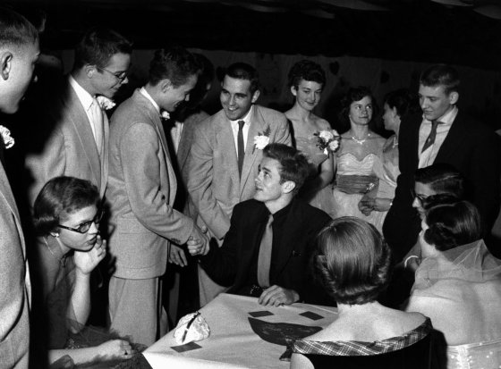 James Dean at the local high school's Sweethearts Ball on St. Valentine's Day in Fairmount, Indiana, 1955.