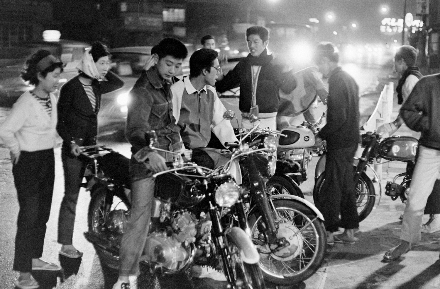 A group of "motorcycle kids," one of numerous subsets of teen subcultures in Tokyo, 1964.
