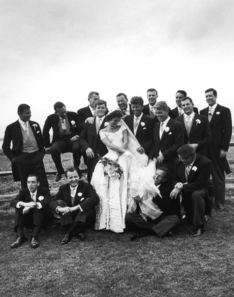 John and Jackie Kennedy with groomsmen and other guests on their wedding day, Newport, R.I., Sept. 12, 1953.