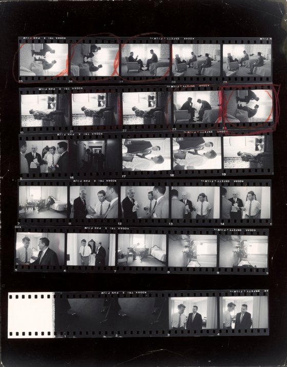 Hank Walker's contact sheet from Los Angeles in July 1960, including the circled frame of the famous photo of John and Robert Kennedy conferring in a hotel suite.