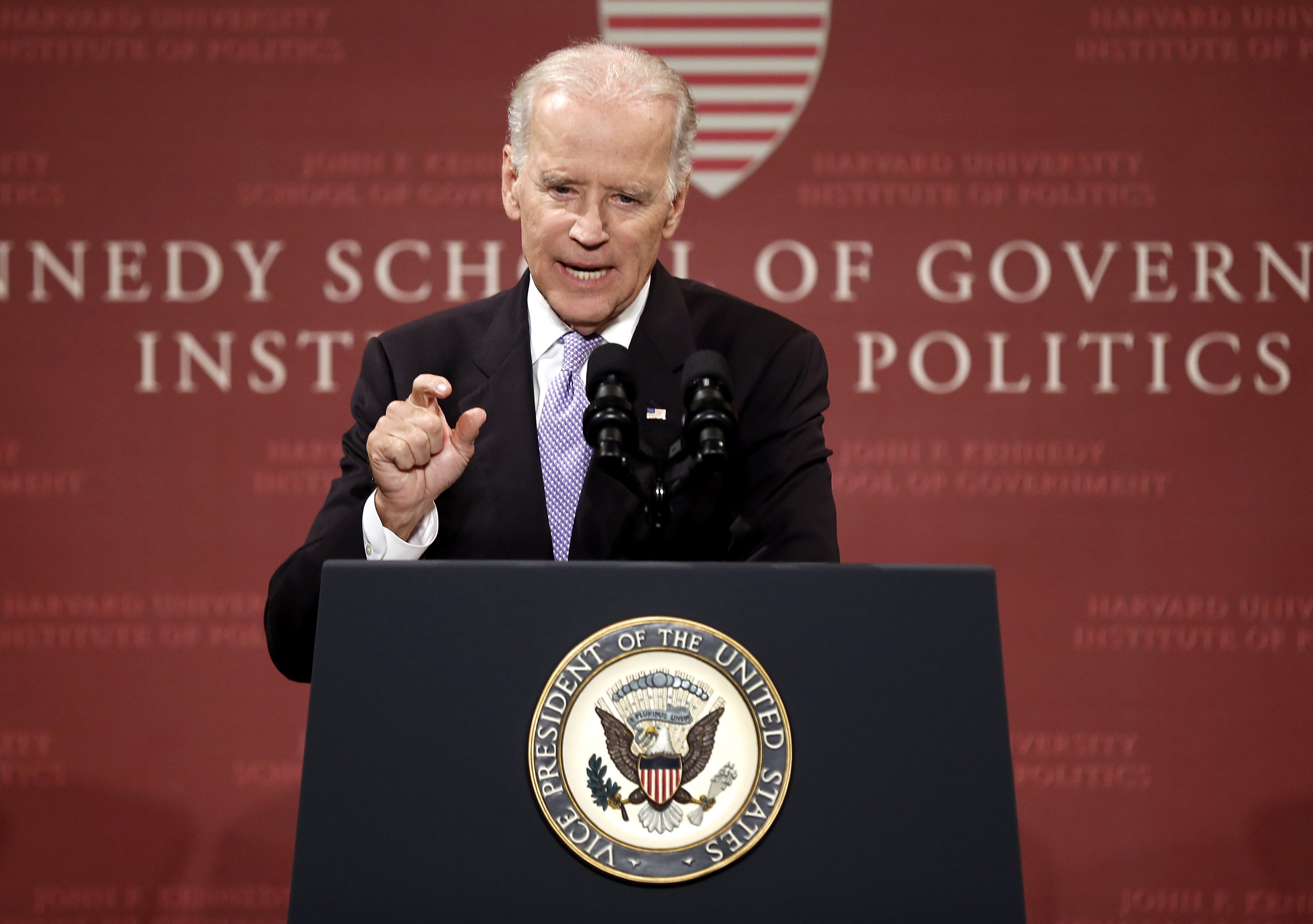 Vice President Joe Biden speaks to students faculty and staff at Harvard University's Kennedy School of Government in Cambridge, Mass. on Oct. 2, 2014.
