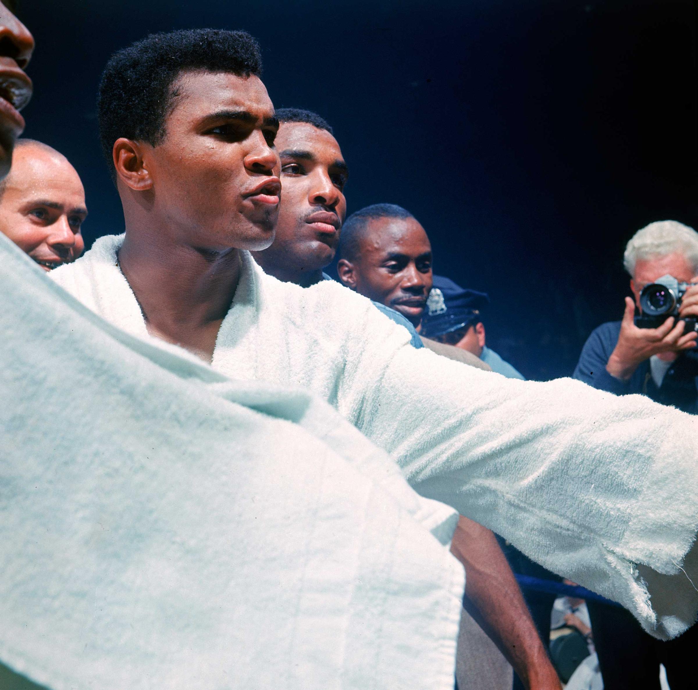 Muhammad Ali after his title defense against Sonny Liston (the "Phantom Punch" bout), Lewiston, Maine, 1965.
