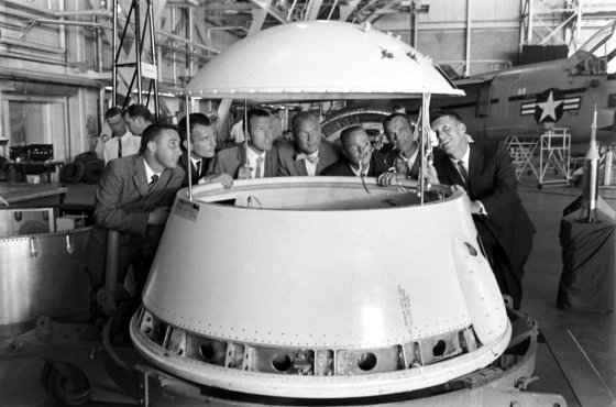 The original Mercury 7 astronauts (from left: Gus Grissom, Deke Slayton, Gordon Cooper, John Glenn, Scott Carpenter -- the man who spoke the famous and moving words, 