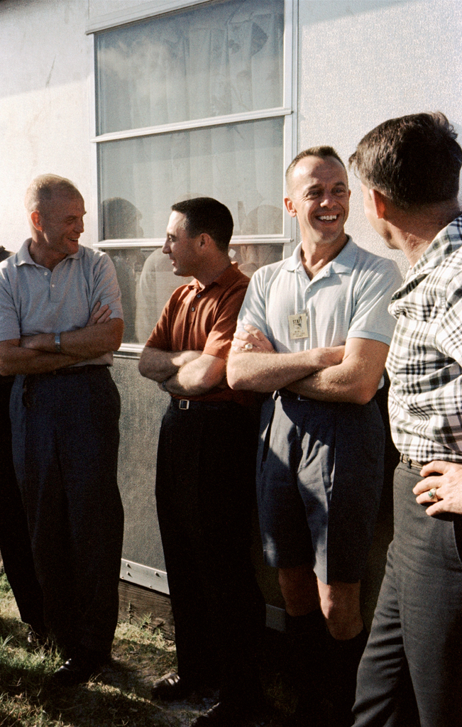 Glenn, Grissom, Shepard, and Schirra relax during a photo call in the midst of Project Mercury training, 1962.