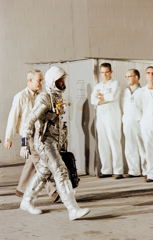 Lt. Col. John Glenn walks to his spacecraft, Friendship 7, on a training exercise prior to his February 1962 orbital flight.