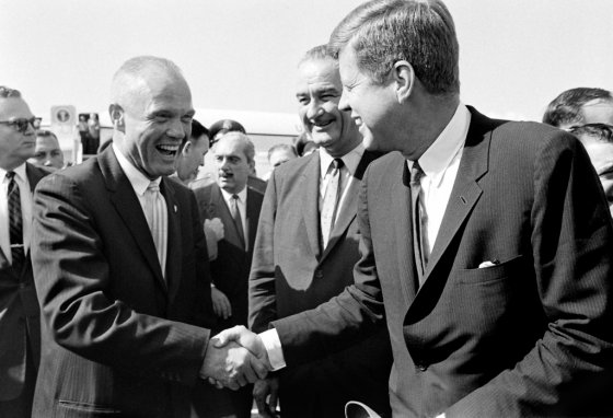 President Kennedy greets Lt. Col. John Glenn three days after Glenn orbited Earth three times in the Mercury capsule, Friendship 7, Florida, February 1962.