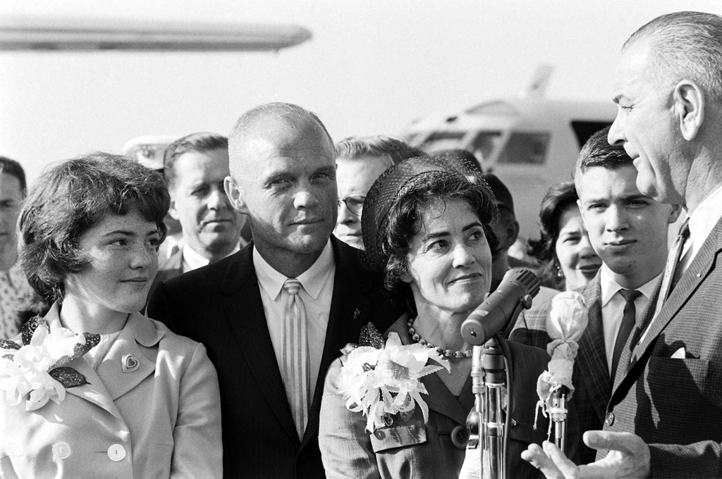 John Glenn, his daughter Lyn (left), wife Annie, son David, and Vice President Lyndon Johnson at Cape Canaveral, February 22, 1962, two days after his historic orbital flight and the day before he received NASA's Distinguished Service Medal from President Kennedy.