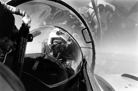 A photo by LIFE's Billy Ray of Lt. Col. John Glenn flying a jet while stationed at Marine Corps Air Station El Toro, southern California, 1964.