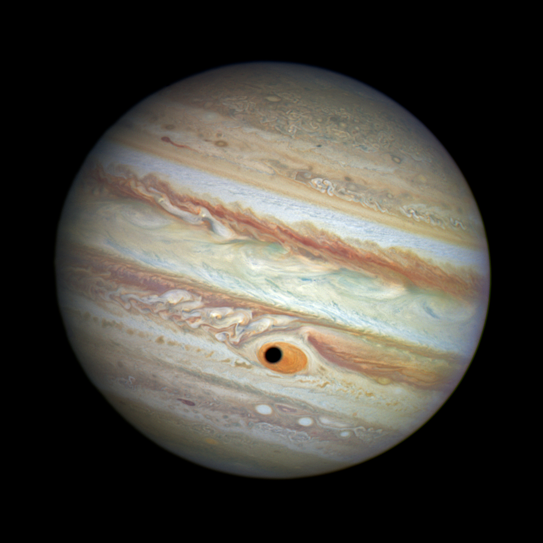 A close-up view of Jupiter reveals a creepy 'eye.' (A. Simon—Goddard Space Flight Center/ESA/NASA)