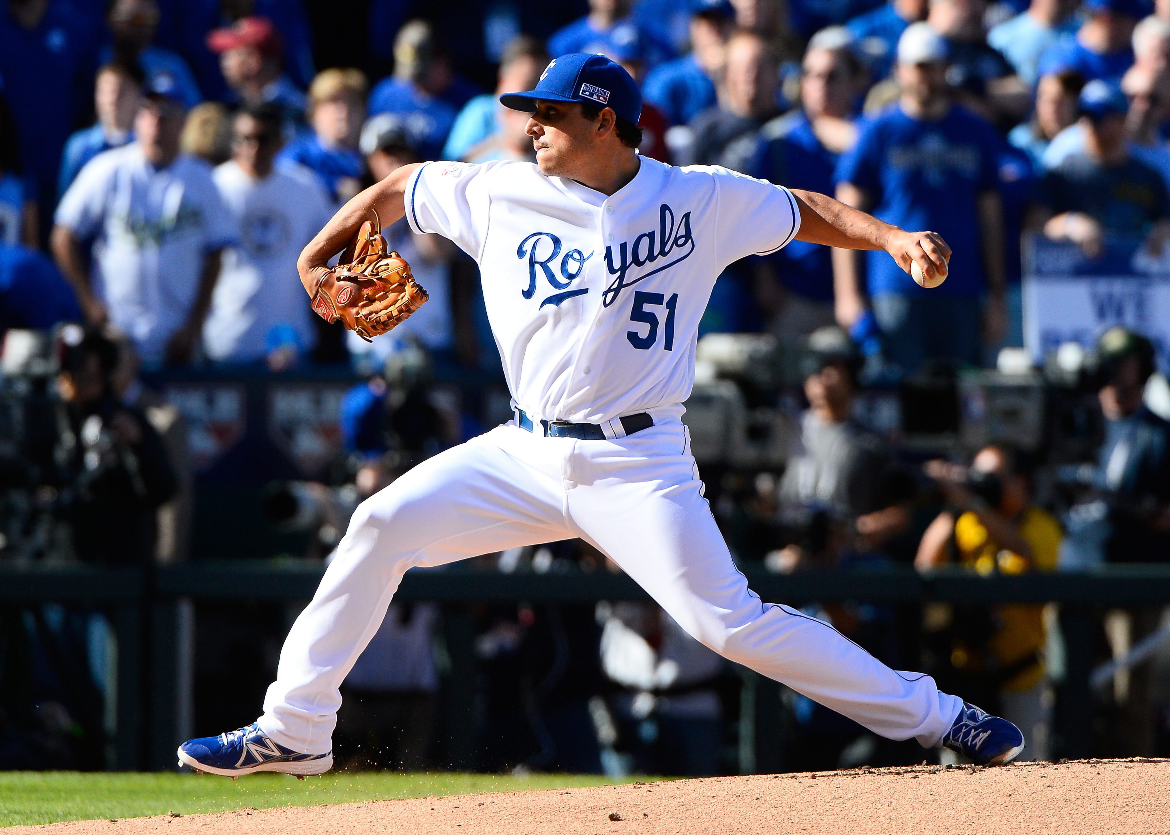 Kansas City Royals starting pitcher Jason Vargas pitches during the first inning against the Baltimore Orioles in Game Four of the American League Championship Series at Kaufman Stadium in Kansas City, Missouri on Oct. 15, 2014. (Dave Kaup—EPA)