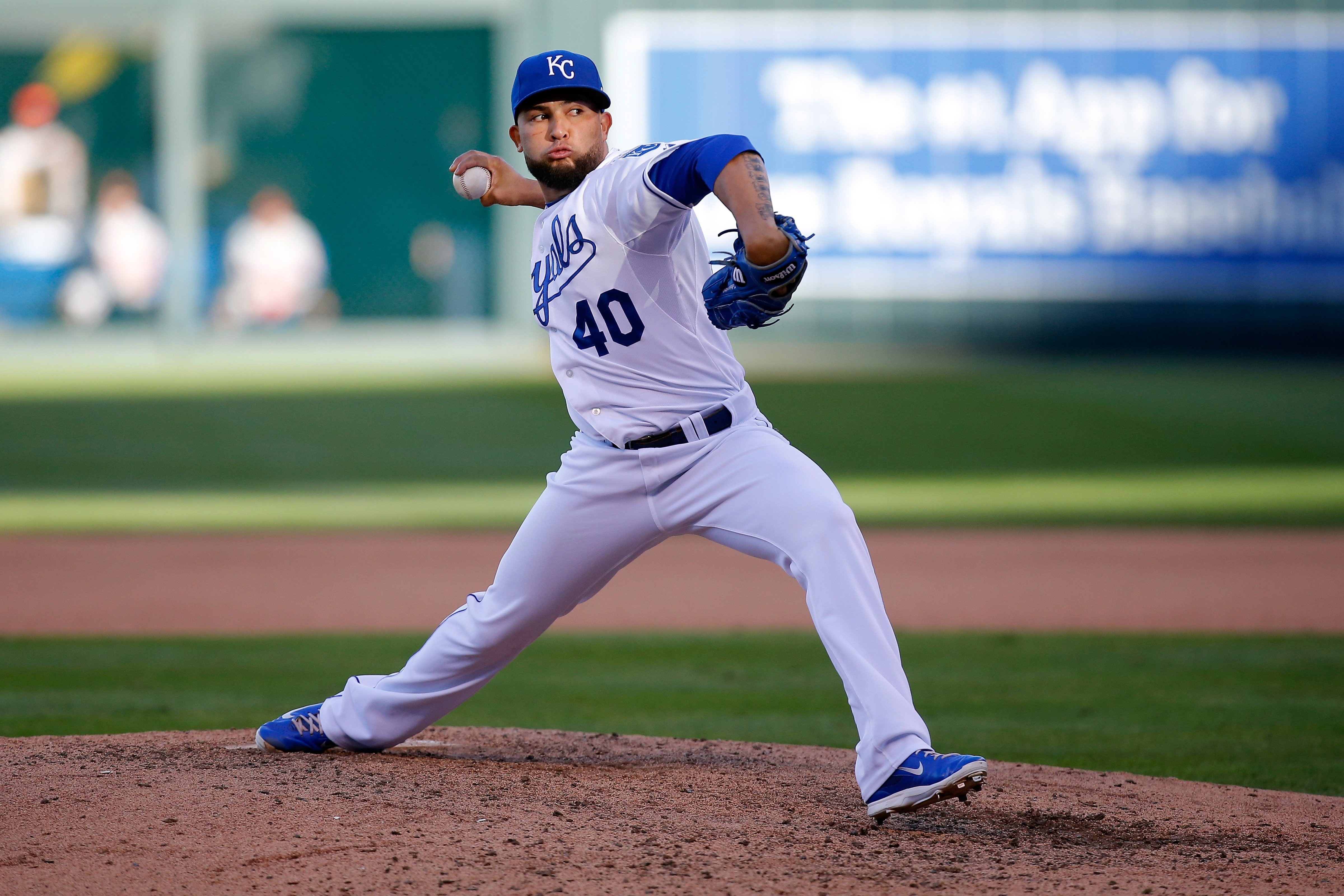 Kelvin Herrera of the Kansas City Royals throws a pitch in the sixth inning against the Baltimore Orioles during Game Four of the American League Championship Series at Kauffman Stadium on Oct. 15, 2014 in Kansas City, Missouri.