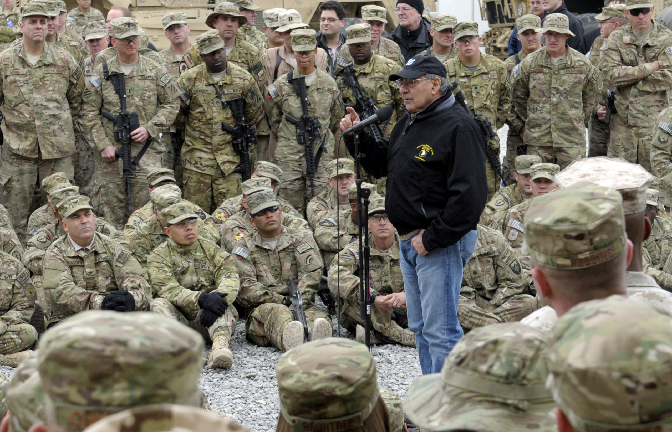 U.S. Defense Secretary Leon Panetta speaks to the troops during a visit to Kandahar Airfield on Dec. 13, 2013 in Kandahar, Afghanistan. (Getty Images)
