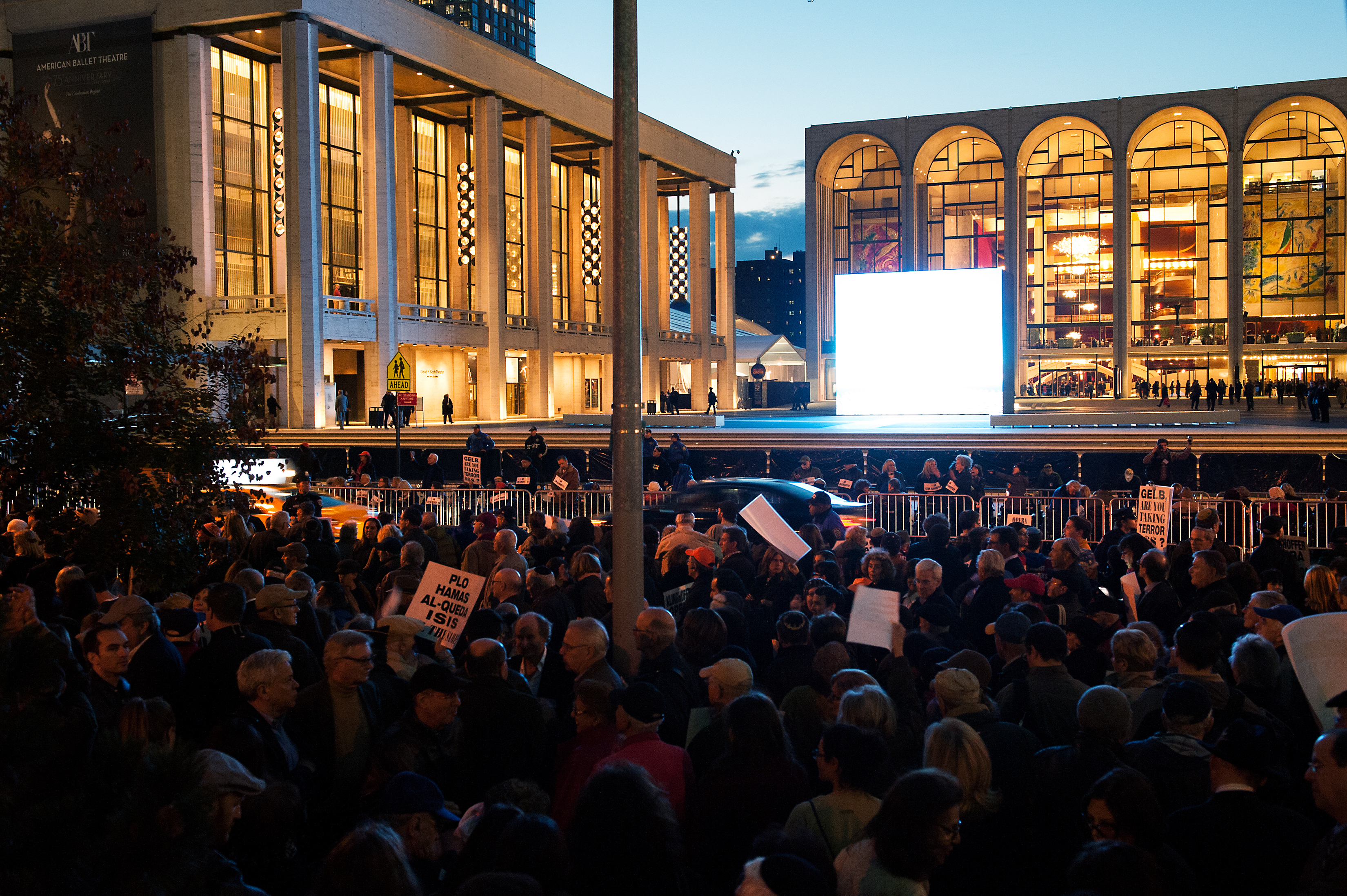 Protestors hold signs outside the Metropolitan Opera at Lincoln Center on opening night of the opera, "The Death of Klinghoffer" on October 20, 2014 in New York City. The opera has been accused of anti-Semitism and demonstrators protested its inclusion in this year's schedule at the Metropolitan Opera. (Bryan Thomas—Getty Images)