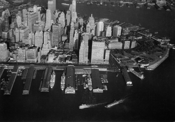 Aerial view of the Lower West Side of Manhattan, Battery Park and the waterfront, 1939.