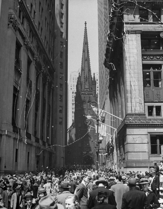 Celebrating the end of the Second World War in Europe, Lower Manhattan, 1945.