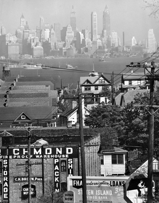 Lower Manhattan and beyond as seen from the rooftop of a building on Staten Island, 1946.