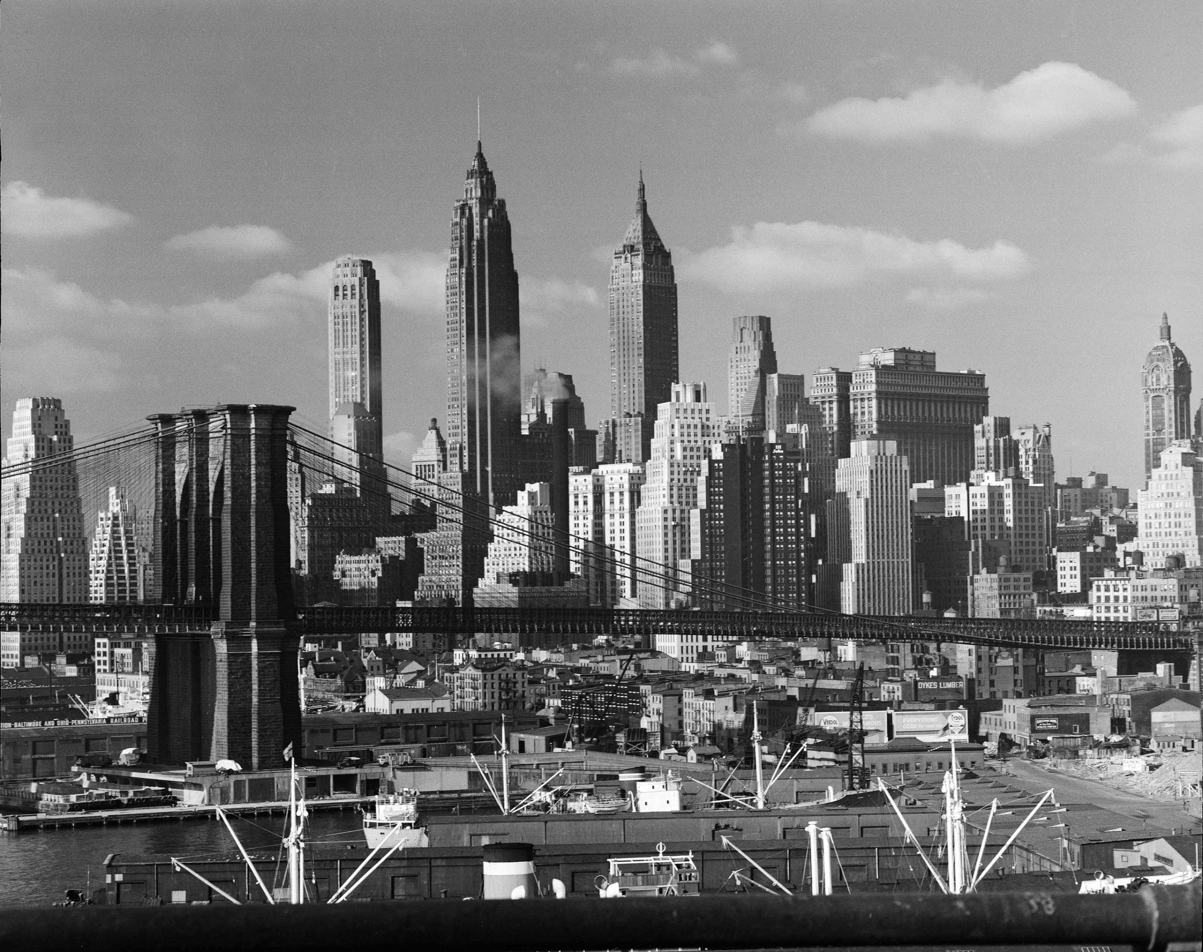 The Brooklyn Bridge and, beyond, the skyline of Lower Manhattan, 1948.
