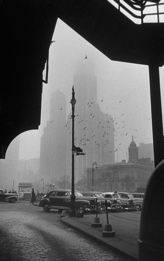 Lower Manhattan in the fog, 1950.