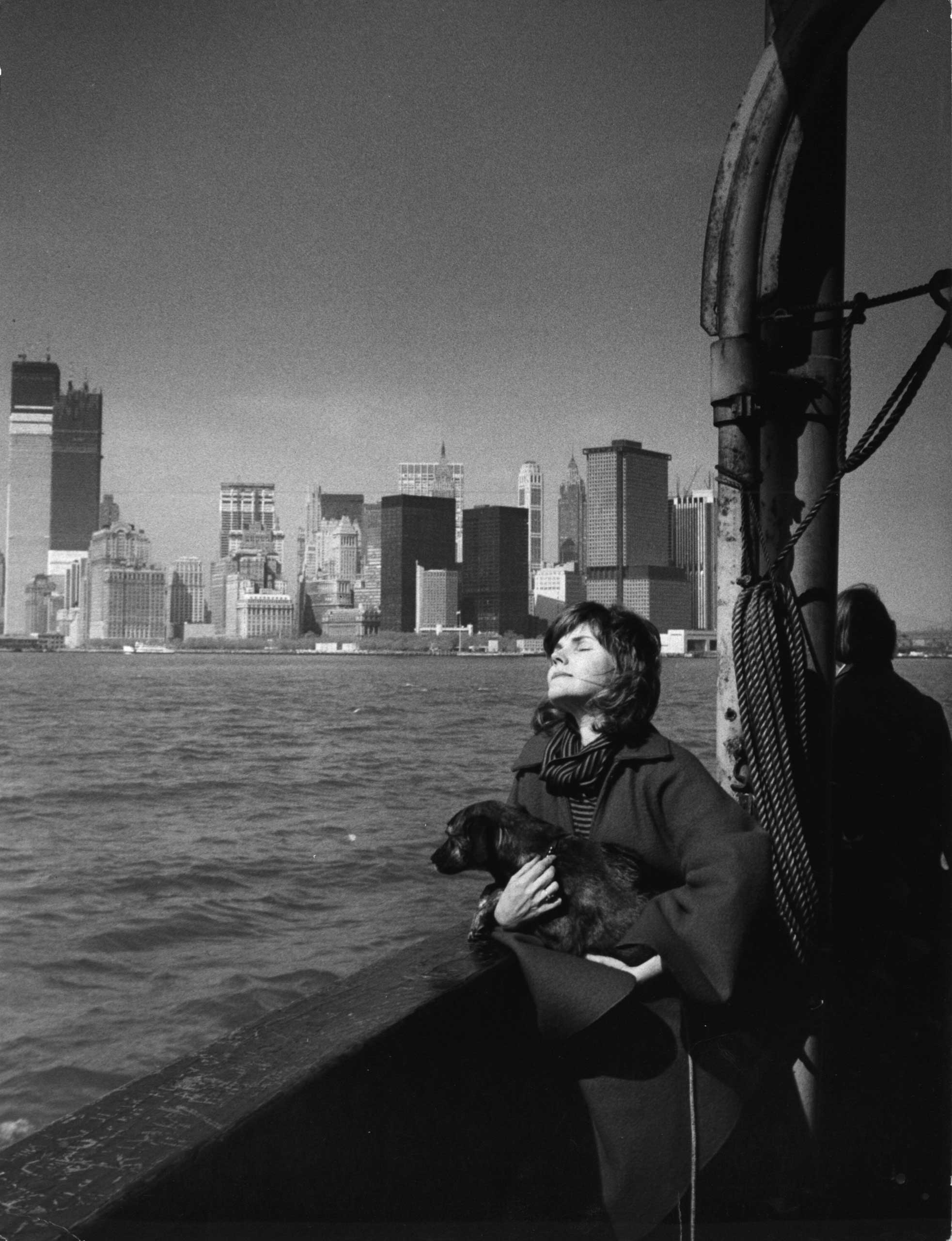 Aboard the Staten Island Ferry with the Twin Towers rising in the background, 1971.