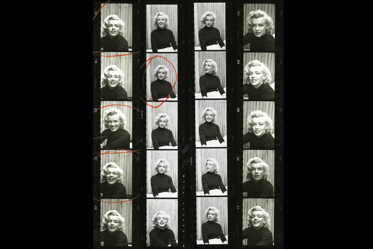 Black and white contact sheet from Alfred Eisenstaedt's 1953 photo shoot with Marilyn Monroe.