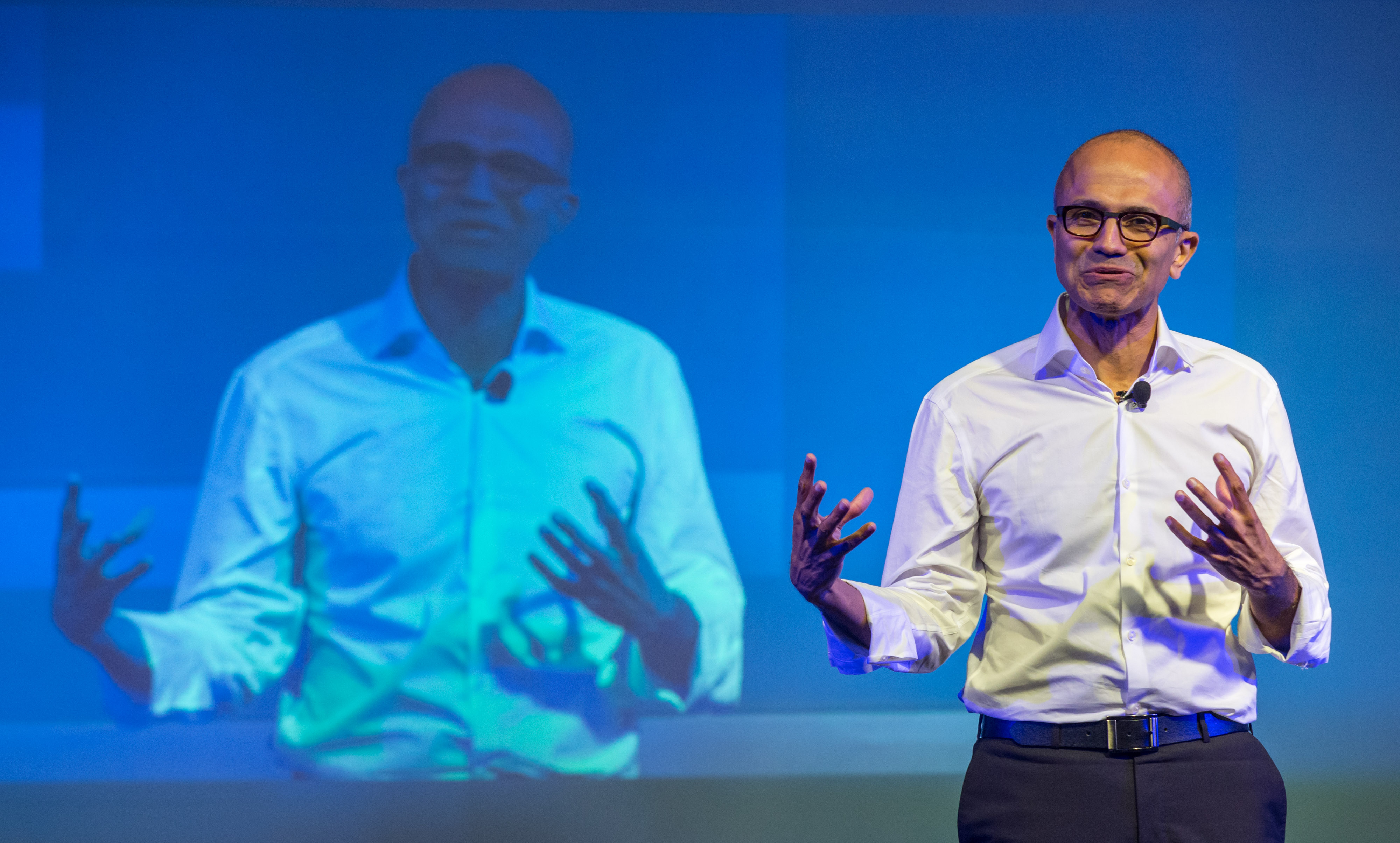 Satya Nadella, chief executive officer of Microsoft Corp., speaks to students during the Microsoft Talent India conference in New Delhi, India, on Tuesday, Sept. 30, 2014. (Bloomberg&mdash;Bloomberg via Getty Images)