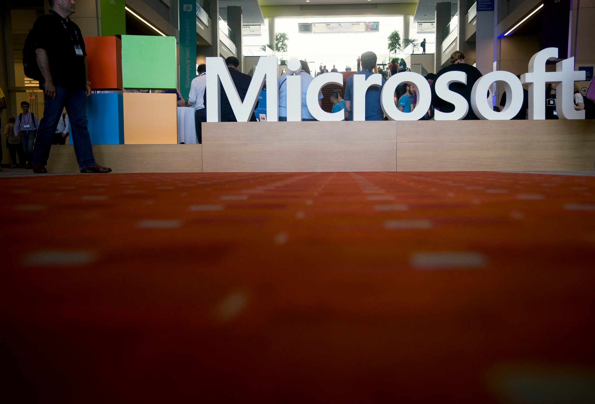 The Microsoft Corp. logo sits on display during the Microsoft Worldwide Partner Conference in Washington, D.C. on July 16, 2014.