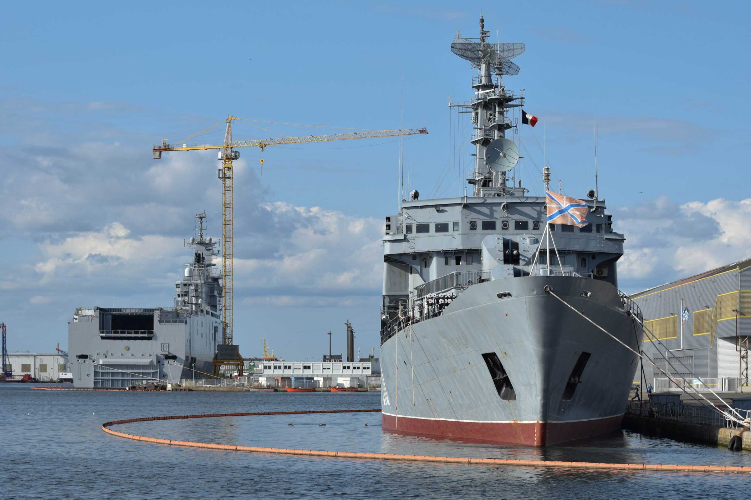 A Mistral-class amphibious assault ship is docked in the shipyard of Saint-Nazaire, Aug. 20, 2014, Saint-Nazaire, France.