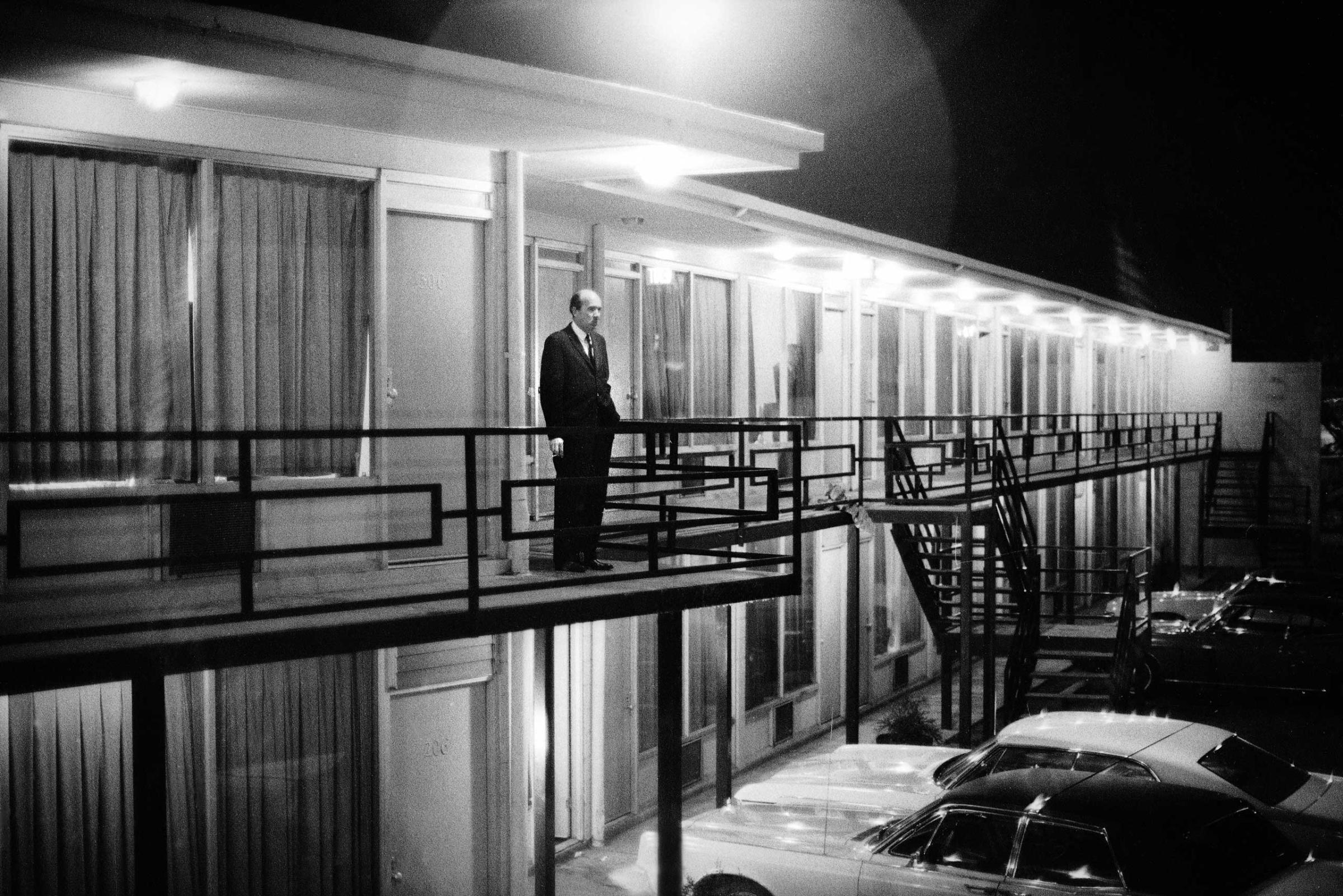 Will D. Campbell, alone on the Lorraine Motel balcony, gazes out into the night. "This picture was probably made as soon as we got there," Groskinsky told LIFE.com. "When I saw him standing there, alone, I thought it looked as if he was just asking himsel