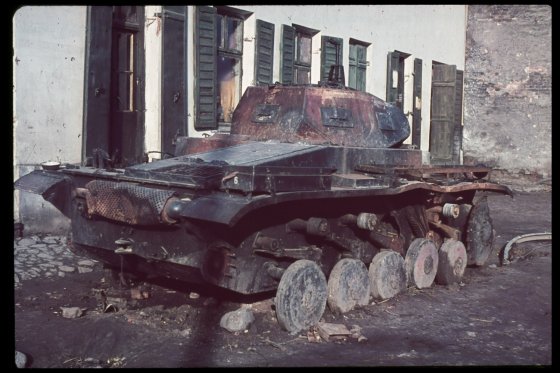 Burned-out tank, Warsaw, 1939.