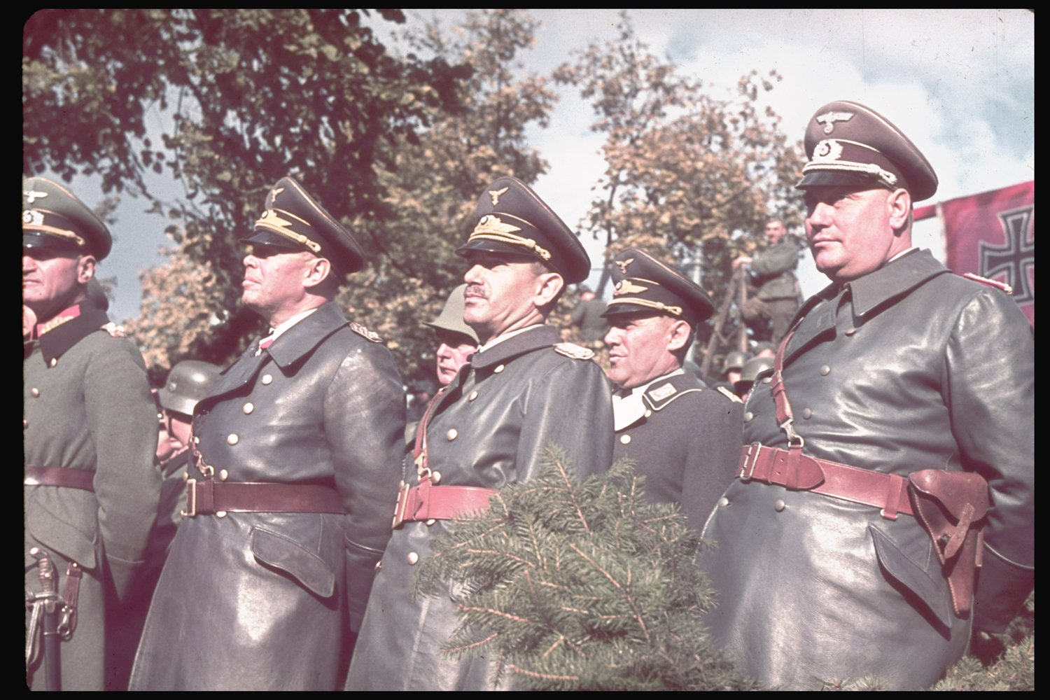 Right to left, front row: Adjutant Wilhelm Brueckner, Luftwaffe fighter ace Adolf Galland, Gen. Albert Kesselring and Gen. Johannes Blaskowitz view the victory parade in Warsaw after the German invasion of Poland, 1939.