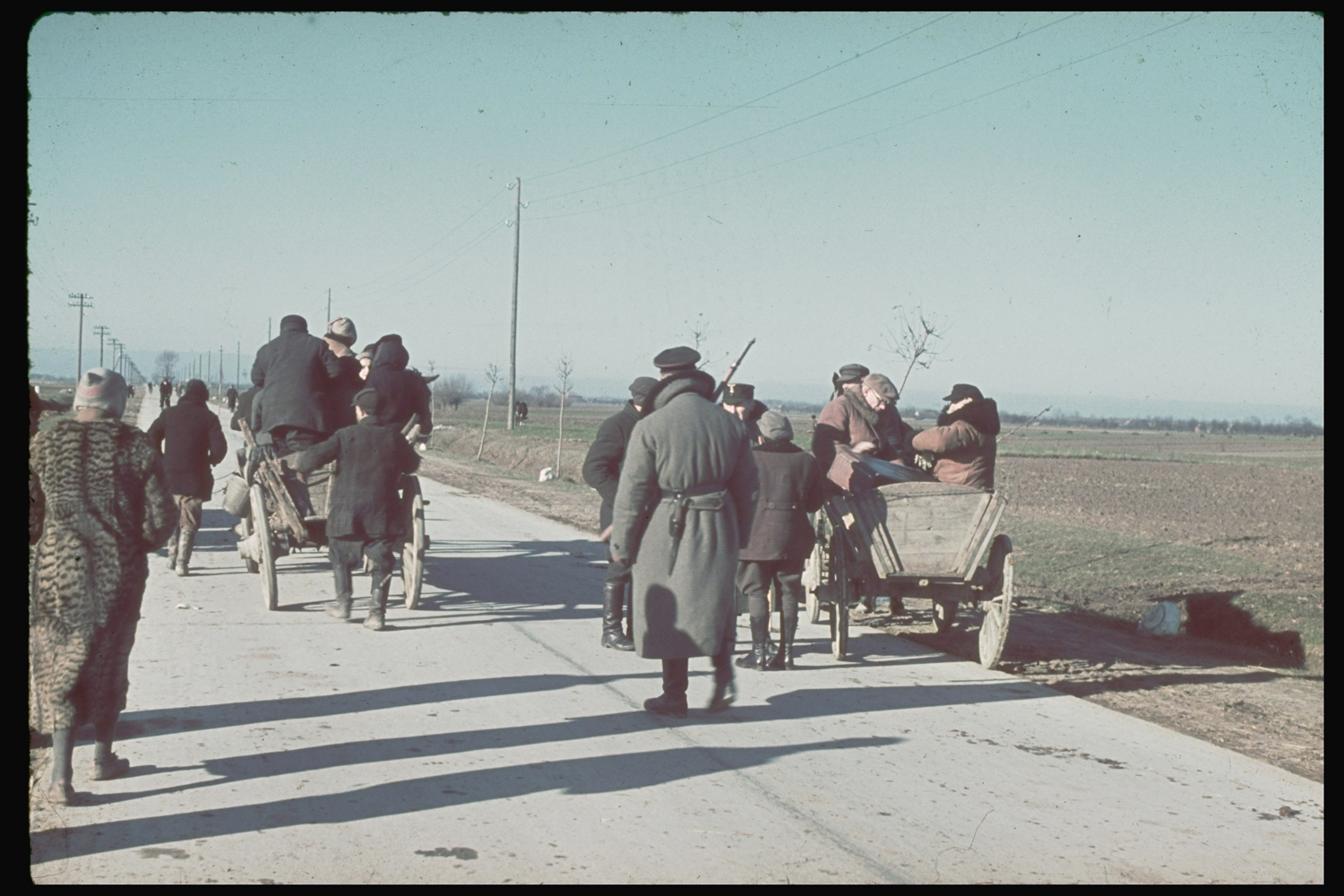 Polish farmers and peasants flee German military during invasion of their country, 1939.