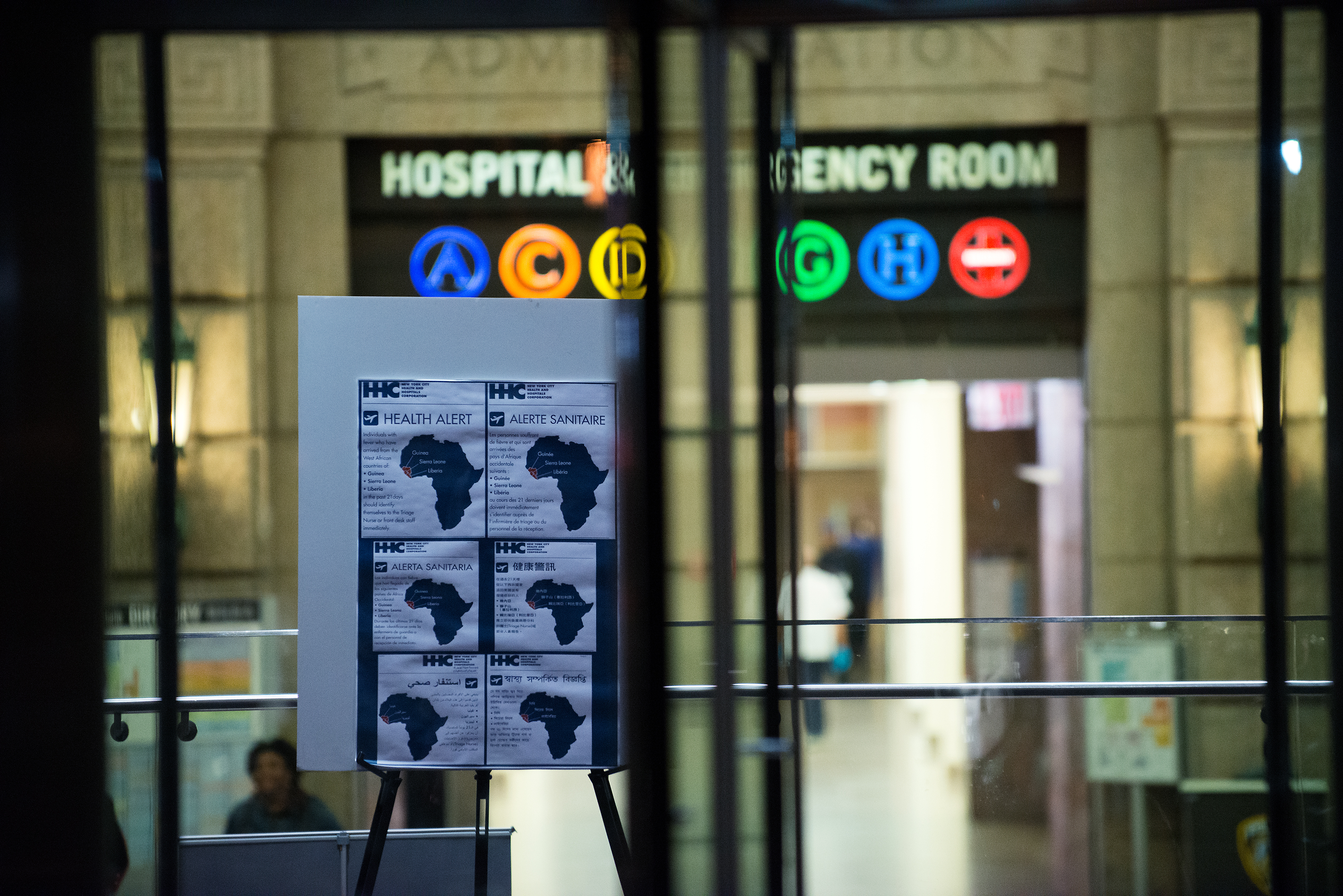 A health alert is displayed at the entrance to Bellevue Hospital October 23, 2014 in New York City. (Bryan Thomas—Getty Images)
