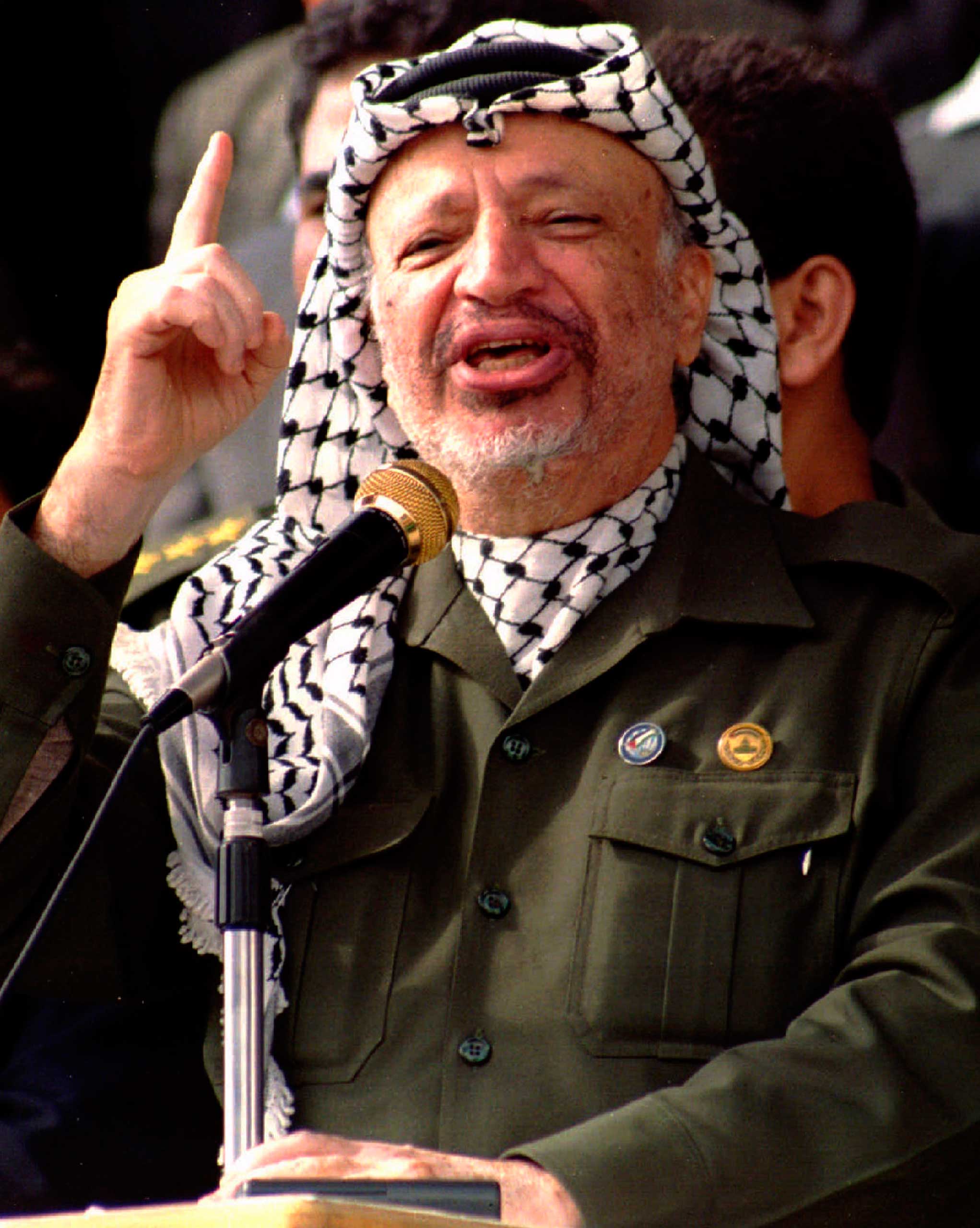 File picture of PLO chairman Arafat speaking during the ceremony of the sixth anniversary of the Palestinian declaration of independence