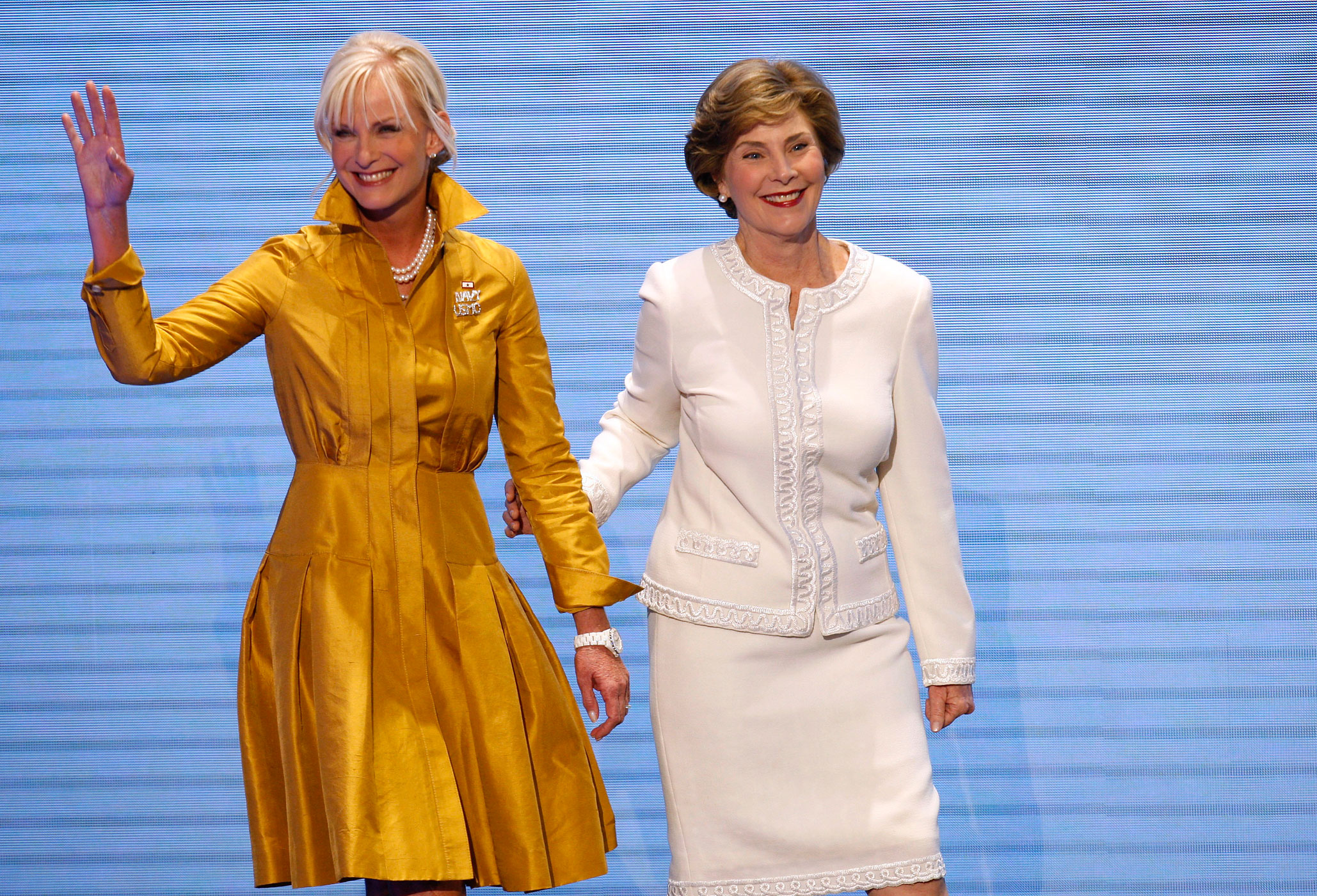 Cindy McCain and first lady Laura Bush appear together at the 2008 Republican National Convention in St. Paul