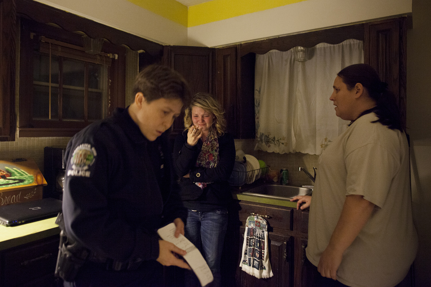 Around half past midnight, the police arrived after receiving a call from a resident in the house (pictured at right). Maggie cried and smoked a cigarette as an officer from the Lancaster Police Department tried to keep her separated from Shane and coax out the truth about the assault.