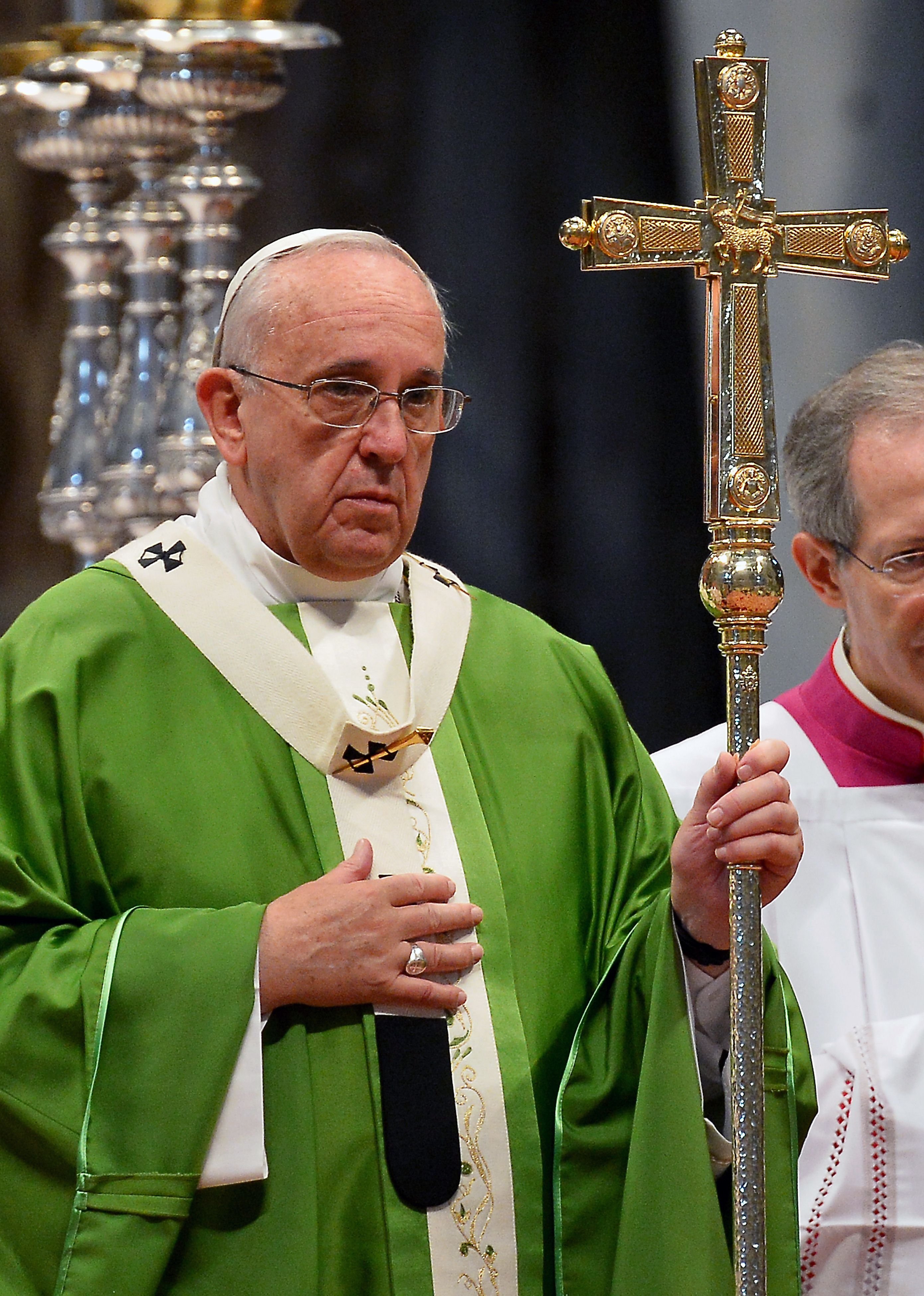 Pope Francis leads a mass honouring the canonisation of two Canadian saints in St. Peter's basilica at the Vatican on Oct. 12, 2014. (Vincenzo Pinto—AFP/Getty Images)