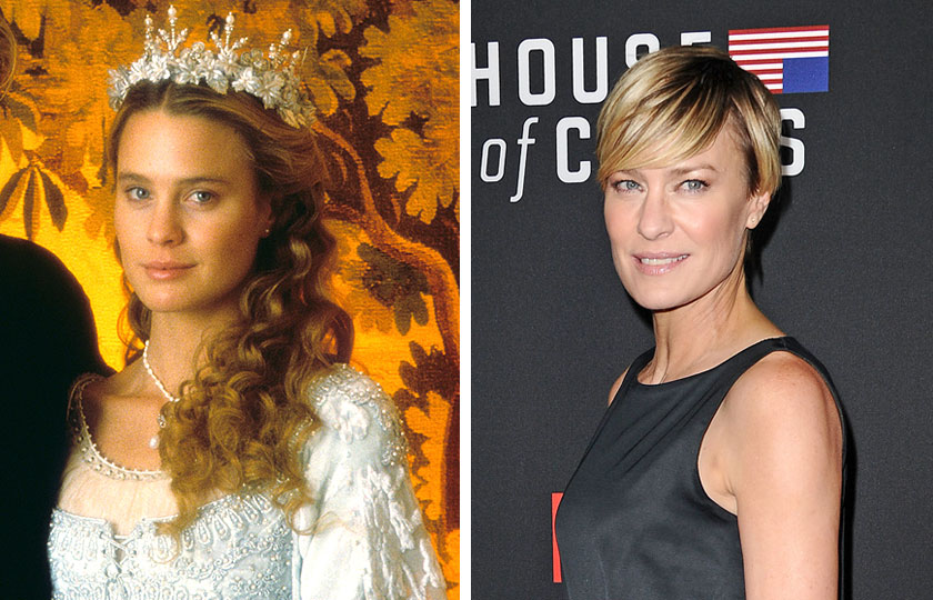 Left, Robin Wright as The Princess Bride in The Princess Bride, 1987; At right, Robin Wright in 2014.