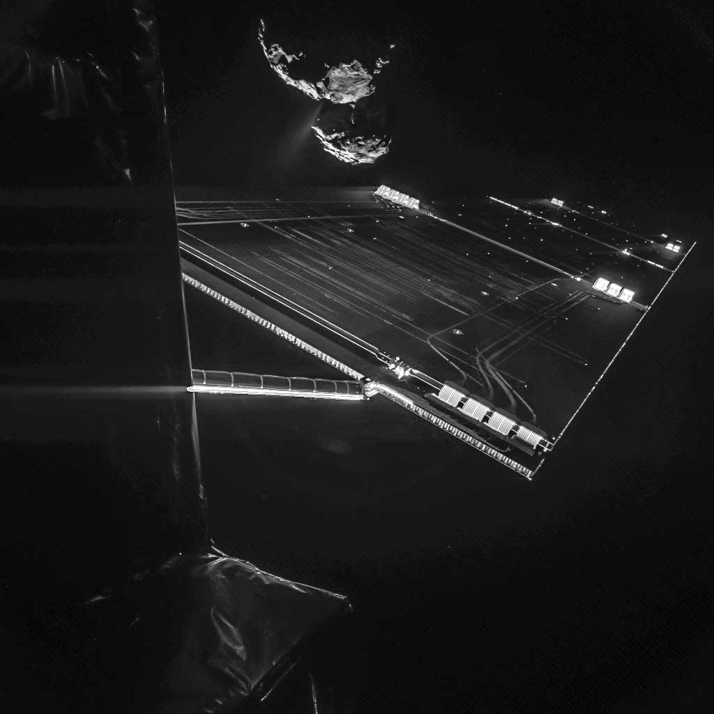 Using the CIVA camera on Rosetta’s Philae lander, the spacecraft have snapped a ‘selfie’ at comet 67P/Churyumov–Gerasimenko from a distance of about 16 km from the surface of the comet. The image was taken on Oct. 7, 2014 and captures the side of the Rosetta spacecraft and one of Rosetta’s 14 m-long solar wings, with the comet in the background.