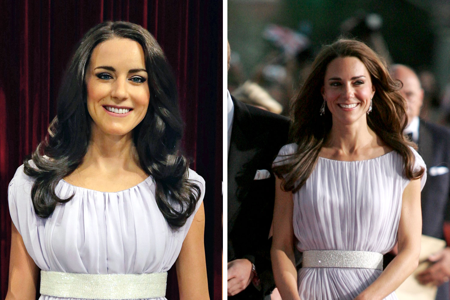 Left: A new wax figure of Catherine, Duchess of Cambridge at Madame Tussauds' wax museum in New York City on Oct. 23, 2014. Right: The Duchess wearing the one of a kind Alexander McQueen gown at the BAFTA Awards in Los Angeles on July 9, 2011.