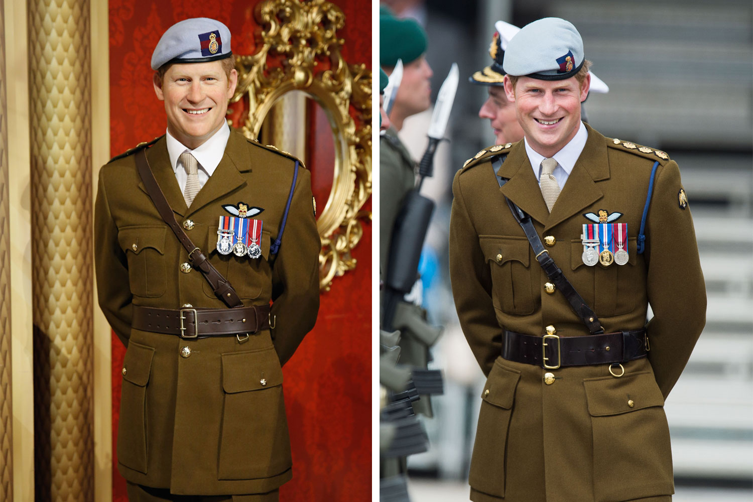 Left: A Madame Tussauds wax figure of Prince Harry at Madame Tussauds New York City on Oct. 23, 2014 in New York City. RIght: Prince Harry visits The Royal Marines Tamar on Aug. 2, 2013 in Devonport, England.