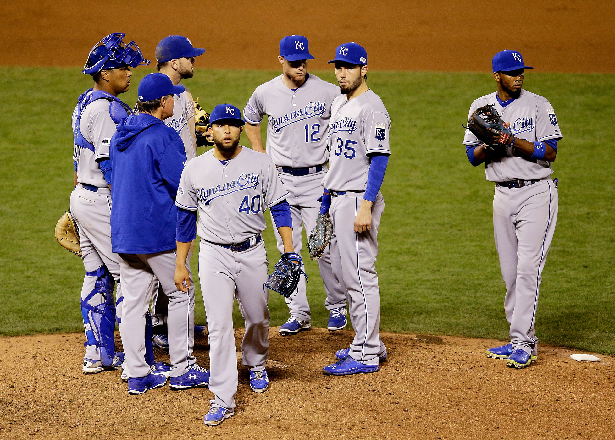 Kelvin Herrera of the Kansas City Royals leaves the game in the eighth inning against the San Francisco Giants during Game Five of the 2014 World Series at AT&amp;T Park on October 26, 2014 in San Francisco, California. (Ezra Shaw—Getty Images)