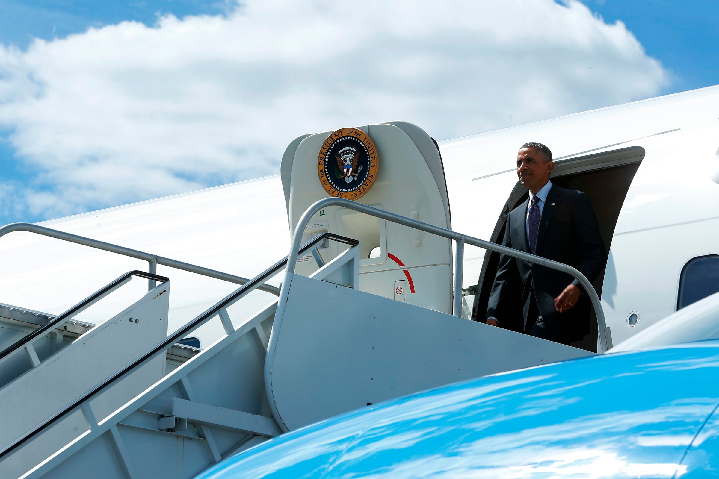 U.S. President Obama arrives onboard Air Force One at Westchester County Airport in White Plains, New York
