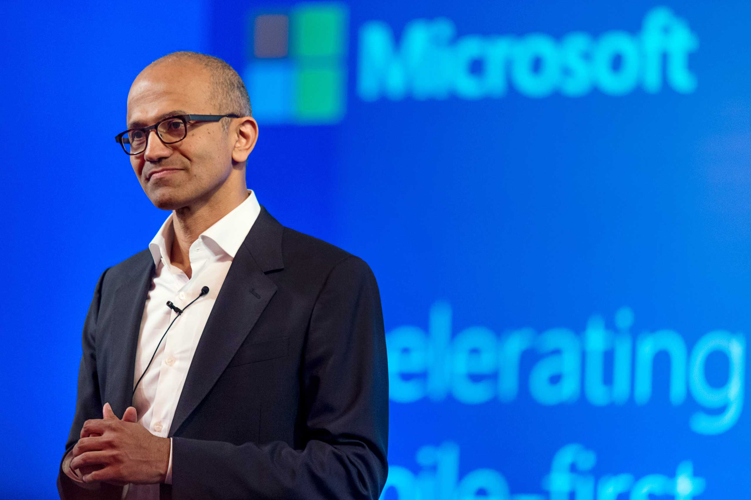 Satya Nadella, chief executive officer of Microsoft Corp., speaks during a news conference in New Delhi, India, on Sept. 30, 2014. (Bloomberg/Getty Images)