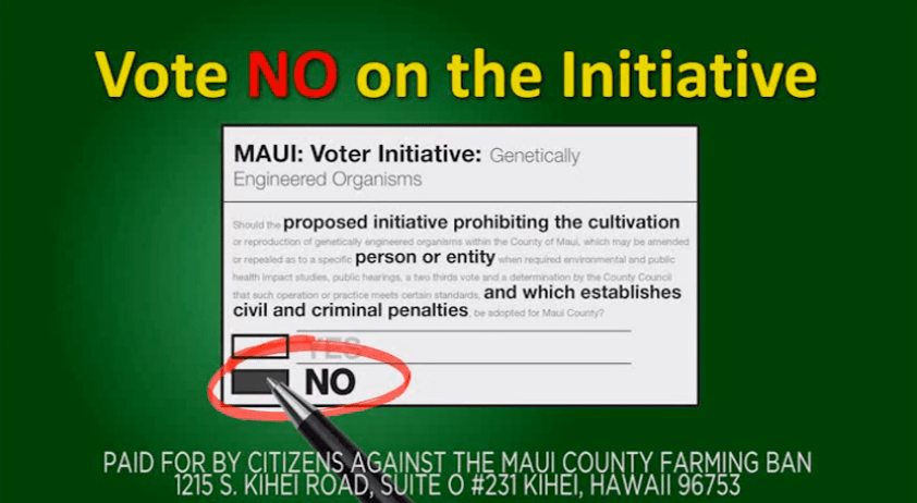 A still from an advertisement payed for by Citizens Against the Maui County Farming Ban, a group backed by agricultural giants Monsanto and DowAgroSciences (YouTube)