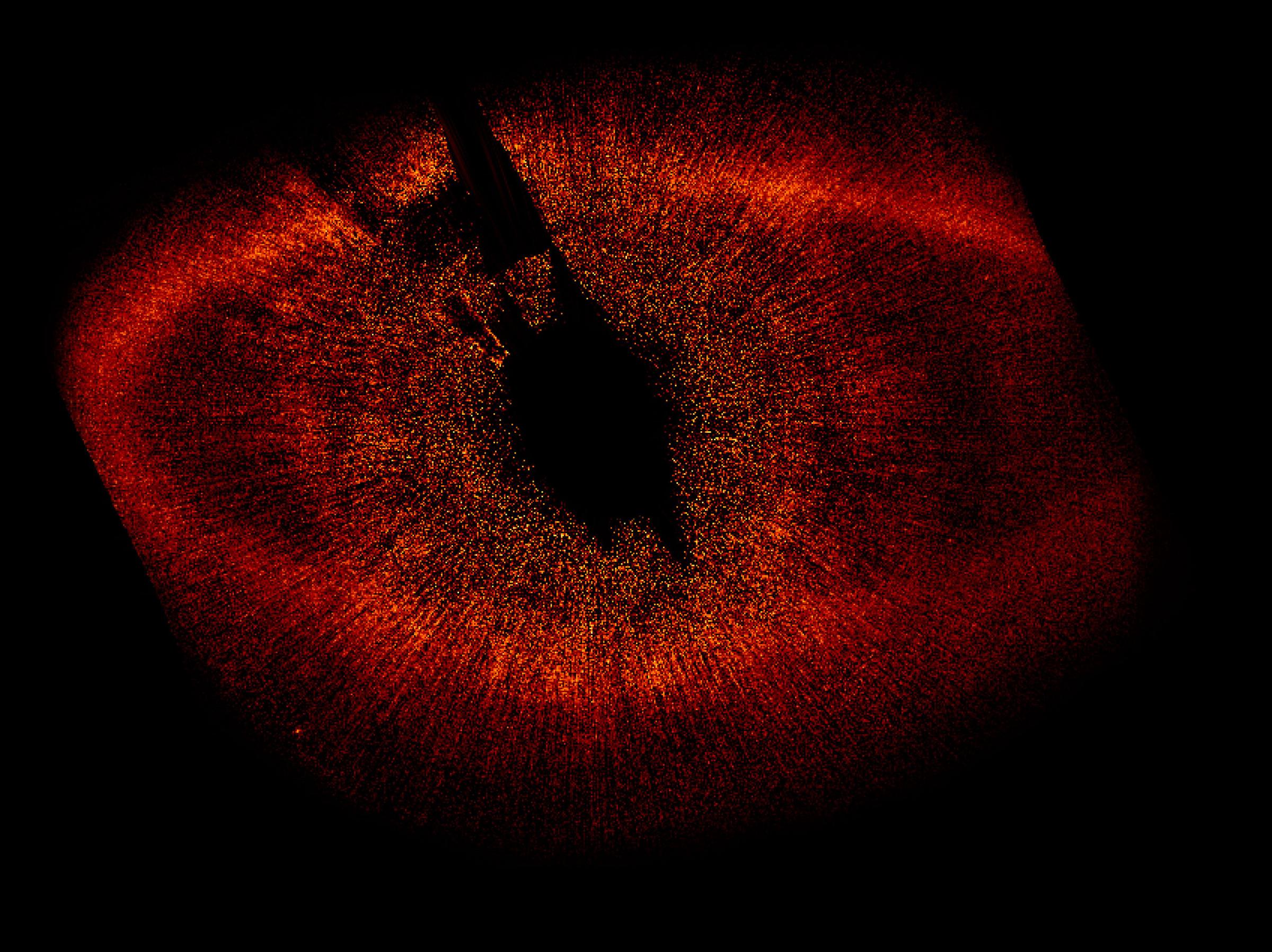 English: The large disk of gas surrounding Fomalhaut is clearly visible in this image. It is not centred on Fomalhaut quite as predicted, hinting that the gravity of another body – perhaps a planet – is pulling it out of shape.Date 13 November 2008Source http://www.spacetelescope.org/images/html/heic0821c.html (direct link)http://hubblesite.org/newscenter/archive/releases/2008/39/image/b/Author NASA, ESA and P. Kalas (University of California, Berkeley, USA)