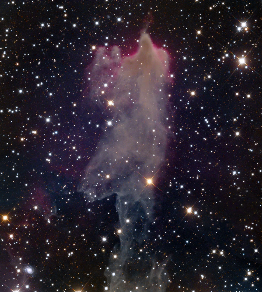 Spooky Sprite In this image of LBN 438 nebula, dubbed Spooky Sprite by astronomer Adam Block,
                              the cloud of dust glows both from scattered starlight and extended red emission due to the radiation of some nearby star.