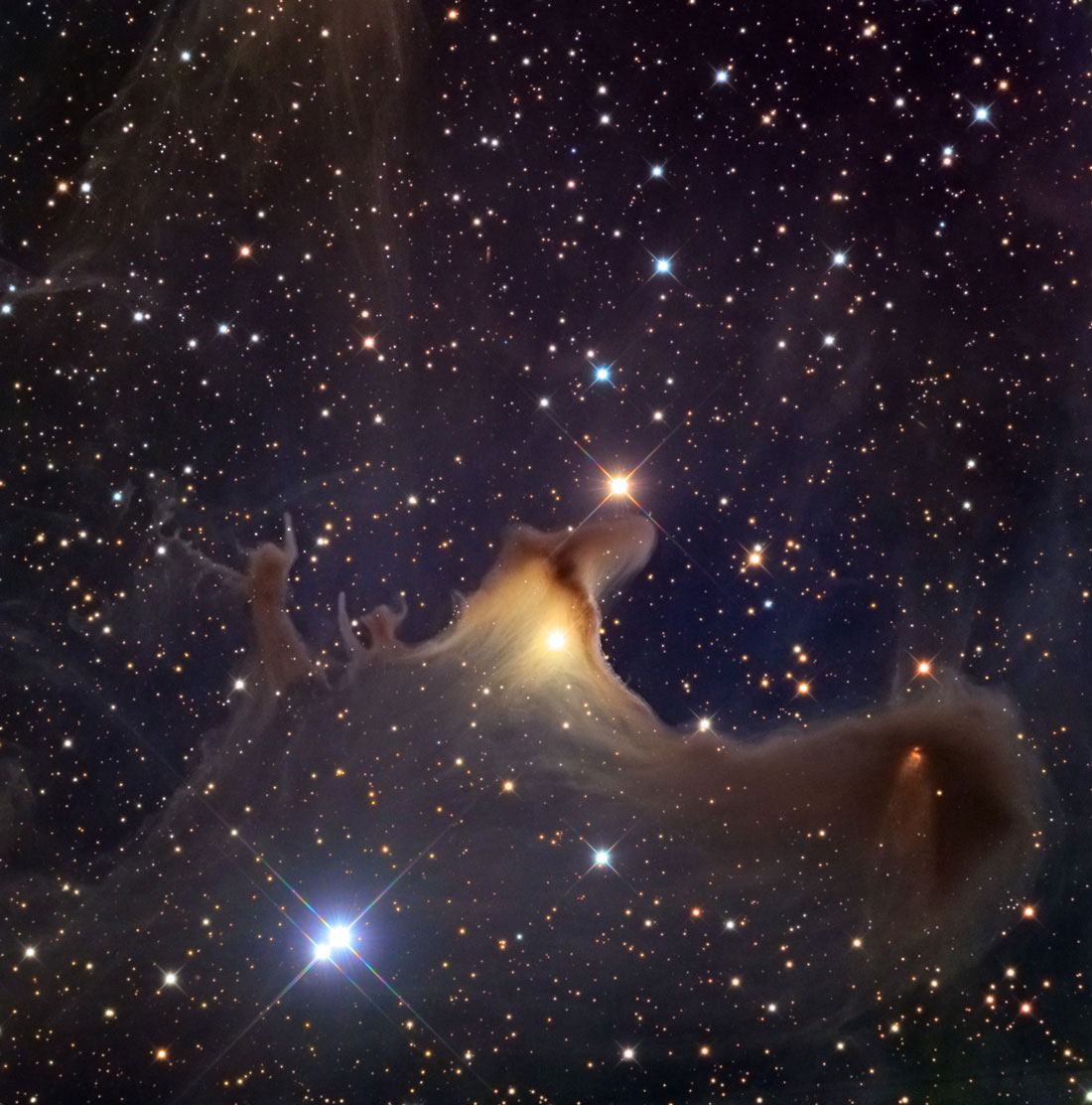 SH2-136 The Ghosts of CepheusThe Ghosts of Cepheus present a cosmic view with the chiaroscuro that the oldgreat painters might have applied to their canvases. Here a few bright starsilluminate an otherwise dark and cold molecular cloud of gas and dust some1,200 light years away. Their ghoulish and scalloped shapes are as surprisingas they are rare in other similar clouds. Note the conical outflows on theright side of the cloud where a star is forming and blowing dust from deepwithin.Summer 2011