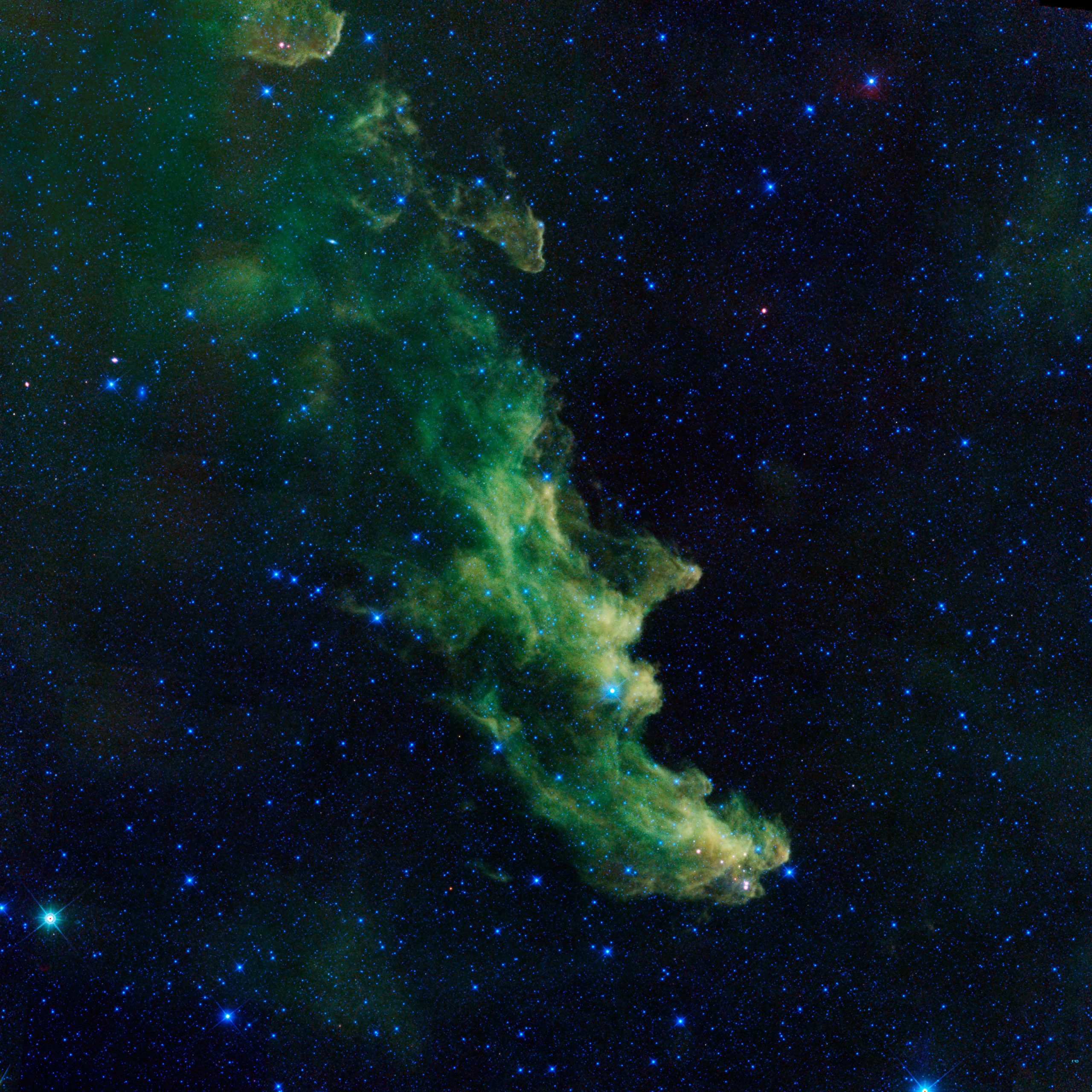 The Witch Head Nebula This infrared image shows the Witch Head nebula hundreds of light-years away in the Orion constellation, taken by NASA's Wide-Field Infrared Survey Explorer, or WISE. The clouds of the nebula, where baby stars are brewing, are being lit up by massive stars. Dust in the cloud is hit with starlight, causing it to glow with infrared light.